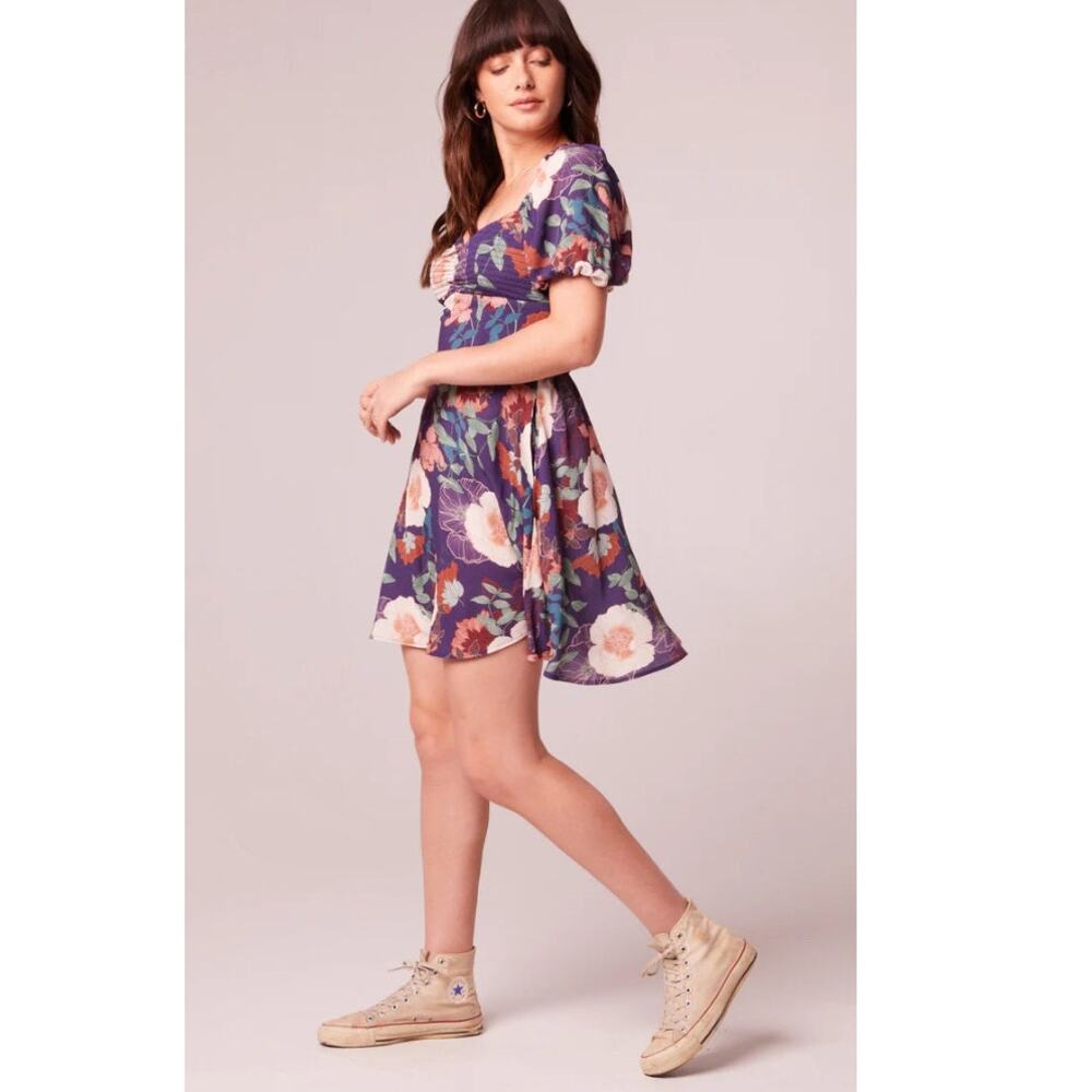 BAND OF THE FREE AIMEE PURPLE FLORAL PUFF SLEEVE MINI DRESS S NEW - Picture 4 of 8